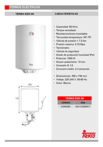 Teka Termo Eléctrico | 1500 W | 80 L | Blanco | Clase de eficiencia energética D | Modelo Ewh80 | Tanque esmaltado | Resistencia Ceramica | Termostato Temperatura 30-75º, 80 litros