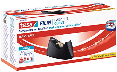 tesa 53917 Dispensador de Mesa Easy Cut Antideslizante, manejo Sencillo, Corte Limpio, Incl 10 u opcionalmente 8 33 m:19 mm, Negro, CURVE + 1 Rolle tesafilm transparent