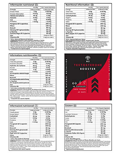 Testosterona Natural Aumenta Testosterona-Fenogreco Ginseng Maca Taurina Zinc Rendimiento Muscular Vigorizante y Potenciador del Deseo. 90 Cápsulas Vegetales Certificado VEGANO-CE-N2 Natural Nutrition