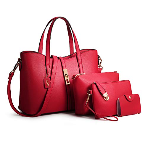 TIBES Bolso de cuero de la PU de la PU de las mujeres de la manera + bolso de hombro + monedero + sostenedor determinado de la tarjeta 4pcs Vino rojo