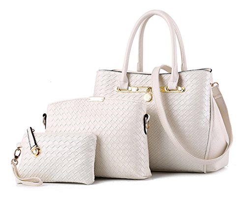 TIBES bolso manera Mujeres bolso PU cuero 3pcs fijó bolso tejido Bolso de hombro lujo Bolso muchachas B Blanco