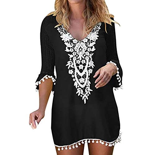 TIFIY Verano Pareo Playa Mujer Tallas Grandes Manga 3/4 Algodón Pareos Playa Manto Protector Solar Larga Vestido Traje De Baño Bikini Cubierta Cuello V Ropa de Playa(Negro,XXL)