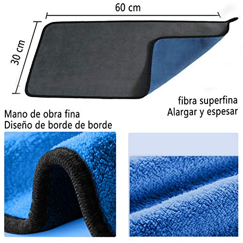 Toalla Secado Coche,3 Pcs Paño Microfibra Coche 800GSM,Paño de Limpieza de Coches,Toalla super absorbente,Paños Limpieza Cocina,Bayeta de Limpieza Paños Toalla para Coche Moto Bici-gris azul(30*60CM)