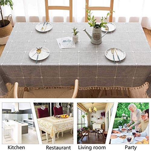 Topmail Mantel de Mesa con Borlas para Comedor, Mantel Rectangular Impermeable Antimanchas de Algodón y Lino, Mantel para Mesa Patrón Cuadro, Gris 140x200cm