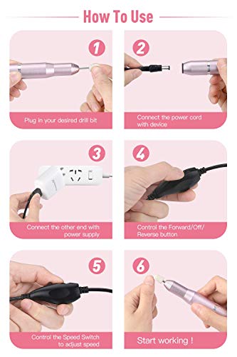 Torno para Uñas, AGPTEK Portátil Kit de Lima de Uñas Eléctrica con 11 Cabezas de Pulido y 12 Anillos de Arena, Vlocidad Ajustable, para Manicuras Personales, Rosa