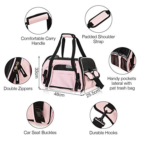 Transportín Gato Bolso para Perros Pequeños Medianos Aerolínea Aprobada Plegable Impermeable Acolchado Suave Respirable por Aerolínea Tren o Auto (Rosado, L)