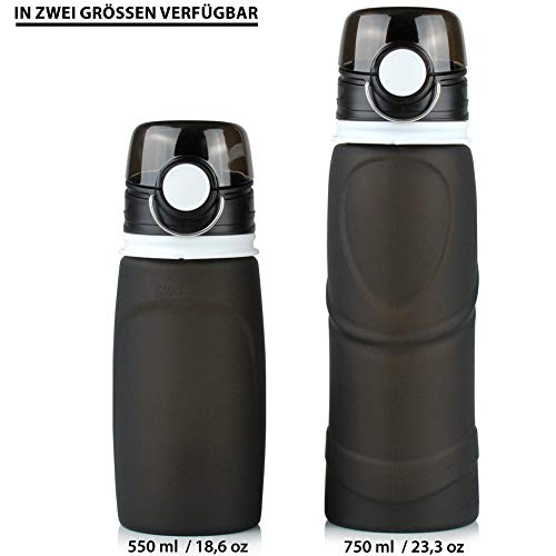 TROIKA - Botella de Silicona Plegable - Capacidad: 550 ml / 18,6 oz - Enrollable y a Prueba de Fugas - para Deporte. para Uso en Exteriores. Escuela y Camping, sin BPA, Silicona médica, Color Negro