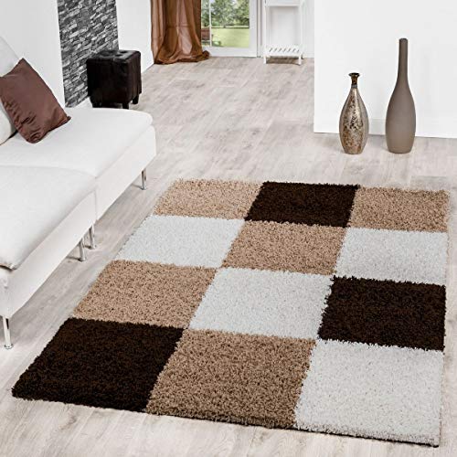 T&T Design Alfombra Moderna Pelo Largo Motivo De Cuadros Shaggy Borlas Marrón Beige Crema, Größe:140x200 cm