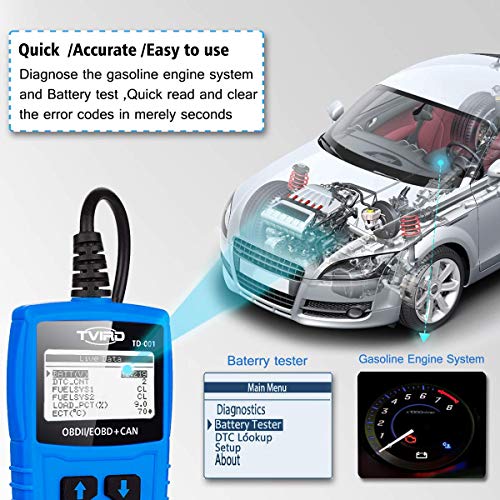 Tvird OBD2 Auto Diagnóstico,OBD II Escáner Motor Detector de Fallas Eliminar Códigos Error,Adecuado para Coche con Modo OBD2 / EOBD/Can e Interfaz OBDII de 16 Pin, Detección de Estado de Batería