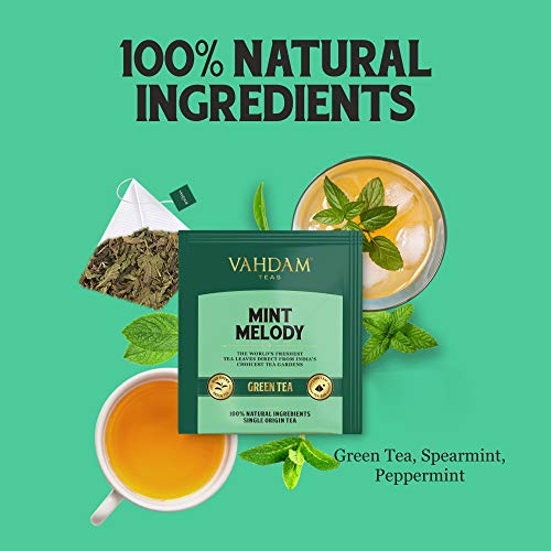 VAHDAM, té verde menta, (30 bolsitas de té) | JARDIN FRESCO menta Bolsa de te verde | TÉ VERDE DE HOJA LARGA Hojas | 100% NATURAL de menta y hojas de menta | 15 bolsitas de té Pirámide menta