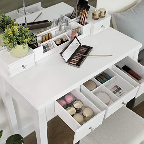 VASAGLE Tocador con 5 Cajones, Mesa de Maquillaje con 1 Taburete, Espejo Plegable de 3 Partes sin Marco, 1 Caja de Cosméticos Extraíble, Juego de Tocador, Montaje Sencillo, Blanco RDT28WT