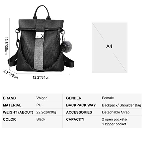 VBIGER Bolsos mochila mujer Antirrobo Mochila de Cuero PU Mano Mochilas Casual Bolsa Bandolera Messenger Bag Backpack (Negro)