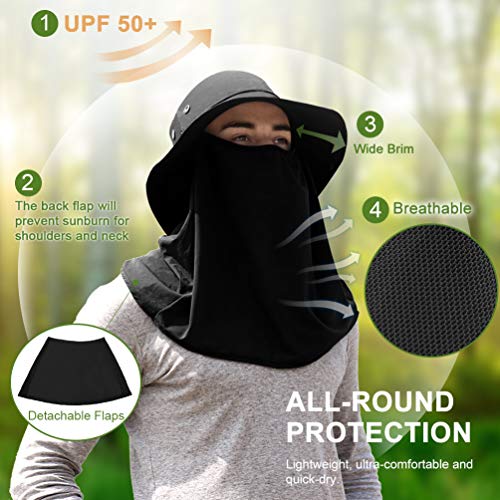 VBIGER Sombrero de Sol Protección UV para el Verano Ala Ancha Pesca Plegable Sombreros con Solapa Extraíble y Malla Transpirable (Negro)