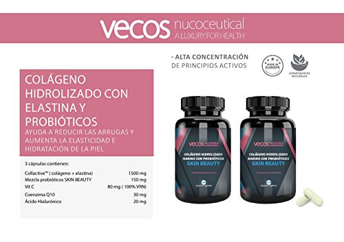 Vecos Skin Beauty - Elasticidad, luminosidad e hidratación para la piel – Colágeno hidrolizado marino con elastina y probióticos específicos para la salud de la dermis y anti arrugas – 100 cápsulas