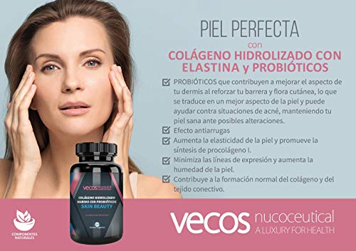 Vecos Skin Beauty - Elasticidad, luminosidad e hidratación para la piel – Colágeno hidrolizado marino con elastina y probióticos específicos para la salud de la dermis y anti arrugas – 100 cápsulas