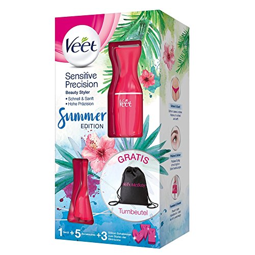 Veet Sensitive Precision Beauty Styler – Bikini Edition – El recortador de precisión para la cara y la zona del bikini – 1 unidad – 4 cabezales – 3 plantillas de silicona – Bolsa de deporte