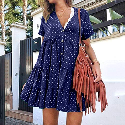 Vestidos de Manga Corta con Estampado Lunares Cuello en V Moda Sexy para Mujer Mujeres Elegante Bohemio Algodón Casual Suelto Largo Playa Lunares Cuello sin Mangas Mujer Dress Manga Corta