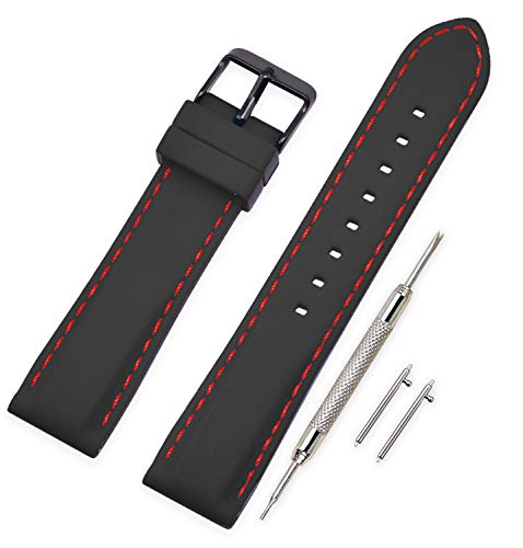 Vinband Correa Reloj Quick Release Recambios Correa Relojes Caucho - 18mm, 20mm, 22mm, 24mm Silicona Correa Reloj con Hebilla de Acero Inoxidable Cepillado (22mm, Red Stitches)