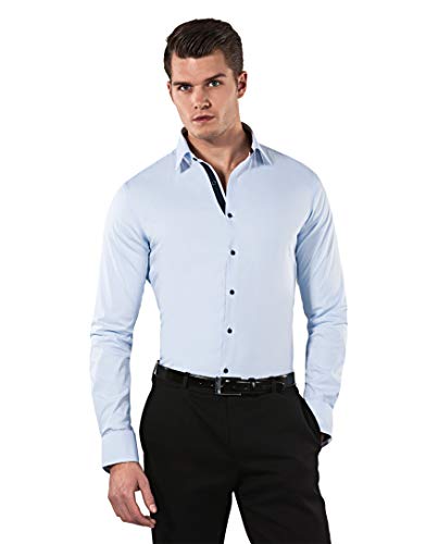 Vincenzo Boretti Camisa de Hombre, Muy Entallada (Body-fit), Mezcla de algodón, elástica y Muy Agradable, Manga-Larga, Cuello Kent, Lisa - fácil de Planchar (Easy IRO Azul Hielo/Azul Oscuro 41-42