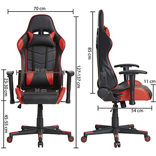 VS Venta-stock Sillón de Oficina Gaming Racer Profesional Rojo, Silla con Reposacabeza Apoyo y Cojín Lumbar (Piel sintética, inclinación y Altura Regulable, reposabrazos Ajustables, reclinable 180º)