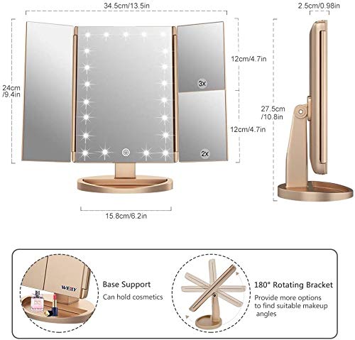 WEILY Espejo de Maquillaje, 21 LED y Aumento 2X/ 3X, Interruptor táctil para Ajustar el Brillo, Modo de Fuente de alimentación Dual Espejo cosmético de Mesa (Oro)