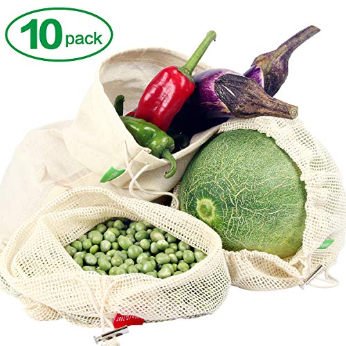 Winload Bolsas de Vegetales Reutilizables, 10 Piezas Olsas de Frutas y Vegetales de Algodón, Bolsas Ecologicas para la Compra Verduras, Bolsas de Comida con Tara Tag, Bolsas de Malla Transpirables