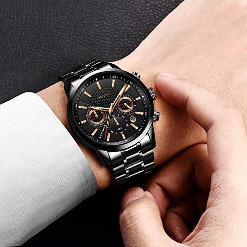 WISHDOIT Relojes Hombre Impermeable Deportes Cuarzo Analógico Cronógrafo Reloj de Vestir Moda Negro Esfera Grande con Plata Acero Inoxidable Correa