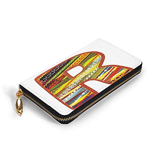 Women's Long Leather Card Holder Purse Zipper Buckle Elegant Clutch Wallet, Ethnic Ornamental R Letter with Abstract Aztec Tribal Effects Shabby Chic Pattern,Sleek and Slim Travel Purse