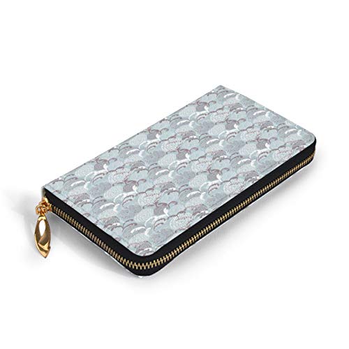 Women's Long Leather Card Holder Purse Zipper Buckle Elegant Clutch Wallet, Soft Toned Spring Petals Ornamental Eco Shabby Chic Herbs Classic Print,Sleek and Slim Travel Purse