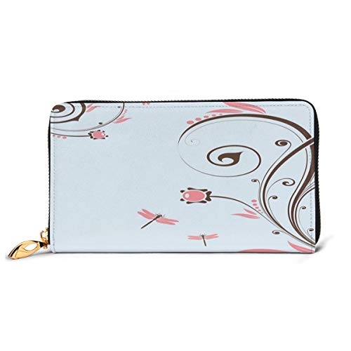 Women's Long Leather Card Holder Purse Zipper Buckle Elegant Clutch Wallet, Swirled Shabby Chic Blossom Branches Fragrance Essence Theme,Sleek and Slim Travel Purse