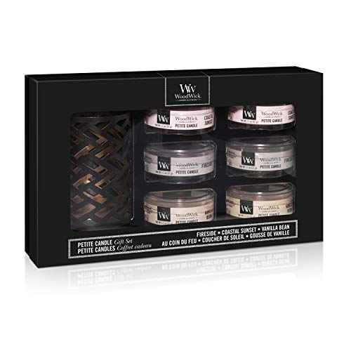 Woodwick Deluxe - Juego de velas perfumadas (6 velas pequeñas con mechas y 1 portavelas decorativo)