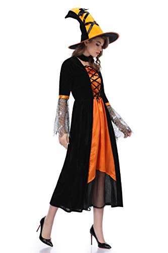 XSQR Halloween Cosplay Mujer Bruja Festival Fantasma Maquillaje Disfraz Amarillo Vestido,Orange,XL