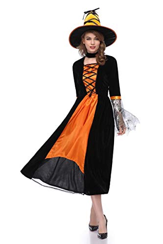 XSQR Halloween Cosplay Mujer Bruja Festival Fantasma Maquillaje Disfraz Amarillo Vestido,Orange,XL