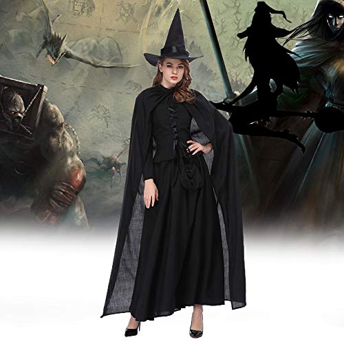 XSQR Halloween Cosplay Mujer Bruja Festival Fantasma Maquillaje Disfraz Negro Vestido Capa,Black,L