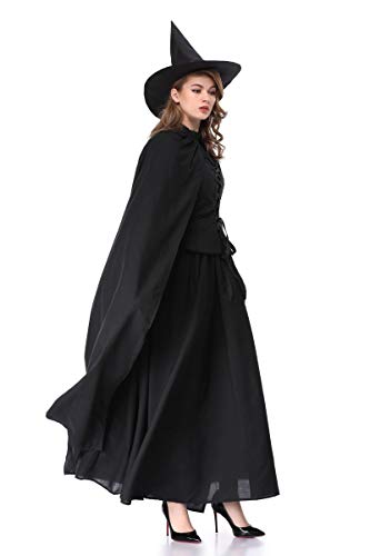 XSQR Halloween Cosplay Mujer Bruja Festival Fantasma Maquillaje Disfraz Negro Vestido Capa,Black,L