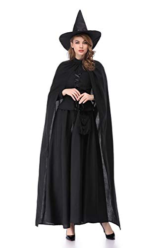 XSQR Halloween Cosplay Mujer Bruja Festival Fantasma Maquillaje Disfraz Negro Vestido Capa,Black,L