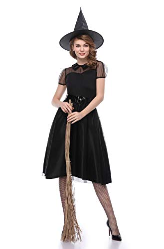 XSQR Halloween Cosplay Mujer Bruja Festival Fantasma Maquillaje Disfraz Negro Vestido,Black,XL