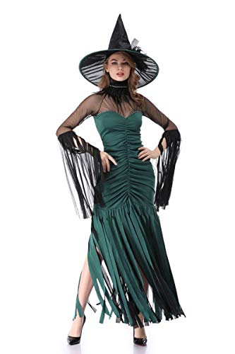 XSQR Halloween Cosplay Mujer Bruja Festival Fantasma Maquillaje Disfraz Verde Vestido,Green,M