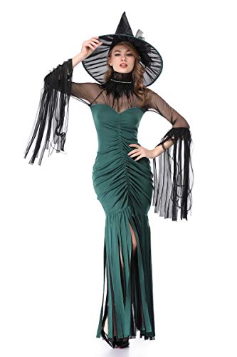 XSQR Halloween Cosplay Mujer Bruja Festival Fantasma Maquillaje Disfraz Verde Vestido,Green,M