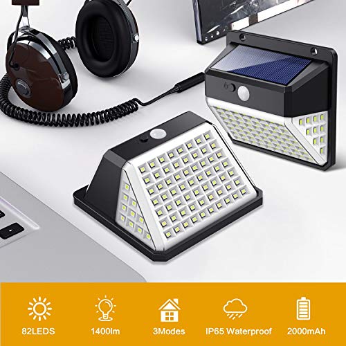 Yacikos Luz Solar Exterior 82 LED, Foco Solar Jardín 2000mAh, Lámpara Solar 270º Gran Angular de Iluminación con Sensor de Movimiento, Luces Solar Impermeable IP65 [2 Piezas]