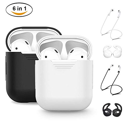 YCFIRE Funda Protectora para AirPods, AirPods Accesorios Funda y Piel Protectoras de Silicona para Apple Airpods 1 & 2 Carga Funda con Airpods Ganchos de Protección Airpods Correas (Negro + Blanco)