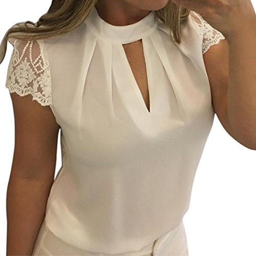 Yeamile Camiseta de Mujer Tops Suelto Blusa Causal Camisetas Ocasionales Blusa del Cordón Top del Empalme de Manga Corta Camisa Blanca de Gasa de Las Mujeres (Blanco, M)