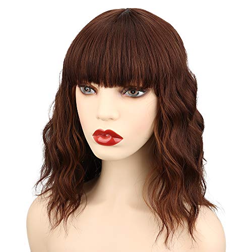 YEESHEDO Peluca corta ondulada marrón para mujer, pelucas pelo natural ondulada sedosa y ondulada para mujeres Niñas Peluca de sintética fibra resistente al calor con flequillo natural cosplay 14"