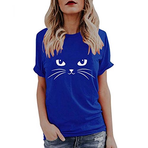 Yesmile Camiseta de Mujer Tops Negro Blusa Causal Ocasionales Camiseta Causal de Las Mujeres Ocasionales de Manga Corta O-Cuello Tops Gato Impreso (Azul A, S)