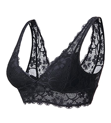 YIANNA Mujer Sujetador De Encaje con Relleno Elasticidad Sujetadores Comfort Lace Bra Top sin Aros Negro,UK-YA7120-Black-M