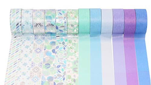 Yubbaex Washi Tape Set 12 Rollos cinta adhesiva decorativa Washi Glitter Adhesivo de Cinta Decorativa para DIY Crafts Scrapbooking 15mm de ancho (Azul Mezcla)