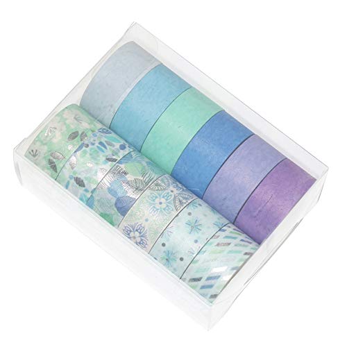 Yubbaex Washi Tape Set 12 Rollos cinta adhesiva decorativa Washi Glitter Adhesivo de Cinta Decorativa para DIY Crafts Scrapbooking 15mm de ancho (Azul Mezcla)