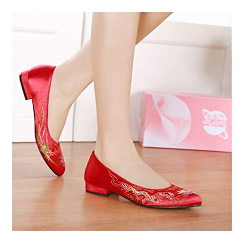 YXCUIDP Tacones Rojos de Novia Estilo Chino bajo Superficiales de Las Mujeres Zapatos de la Boca Bordados Zapatos clásicos Individuales Primavera/otoño (Color : Red, Shoe Size : 7)