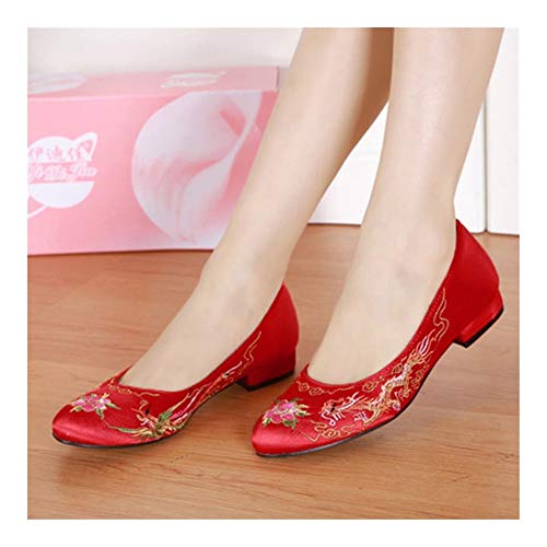 YXCUIDP Tacones Rojos de Novia Estilo Chino bajo Superficiales de Las Mujeres Zapatos de la Boca Bordados Zapatos clásicos Individuales Primavera/otoño (Color : Red, Shoe Size : 7)