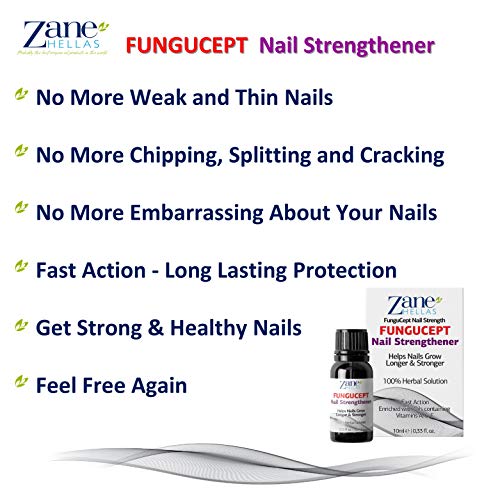 Zane Hellas Fungucept Nail Strengthener - Fortalecedor de uñas Promueve el crecimiento de las uñas para uñas débiles, delgadas, agrietadas y peladas. Solución herbaria. 0.33 oz. - 10ml